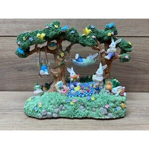 Vintage Jaimy Easter Jubilee Bunny Rabbit Family Picnic Music Box Swinging